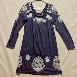 Johnny Was JW Los Angeles Embroidered Mini Dress Tunic Purple Sz M Boho Coquette